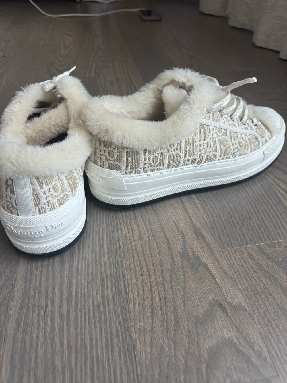 Dior Kids Cream Monogram Fur-Trim Sneakers